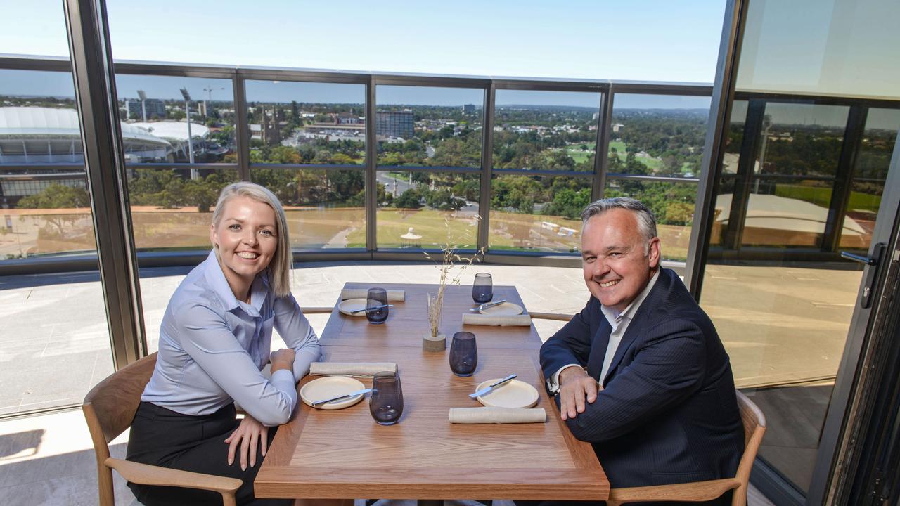 Hotel General Manager at Eos by SkyCity Jodi Brown and SkyCity Adelaide General Manager David Christian in the Sol Bar &amp; Restaurant. Photo: Brenton Edwards