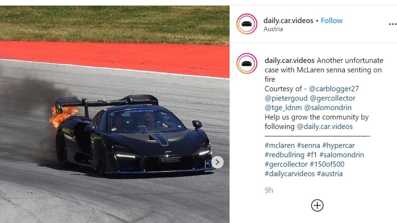 A McLaren Senna caught fire at the 2019 Austrian Grand Prix. Picture: Instagram