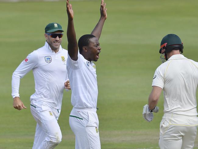 Kagiso Rabada celebrates taking an Australian wicket in the second Test.