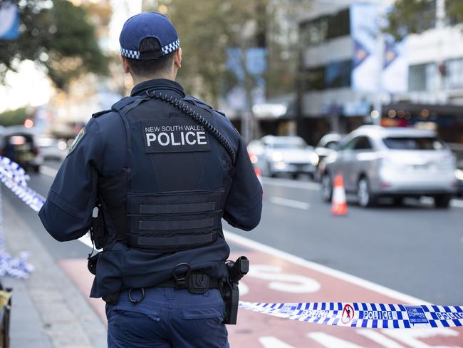 SYDNEY, AUSTRALIA - NewsWirePhotos - Sunday, 19 May 2024:Police pictured the corner of Bathurst and Elizabeth Street near Hyde Park. A NSW Police officer has been stabbed twice in the head by a knife-wielding man in Sydney CBD this afternoon.Picture:NewsWire / Monique Harmer