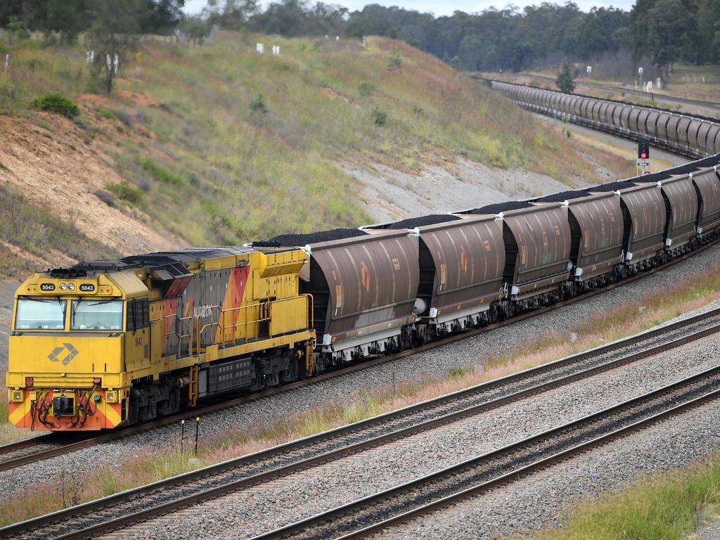 A loaded coal train is seen passing through the outskirts of Singleton, in the NSW Hunter Valley. Picture: AAP Image/Dan Himbrechts