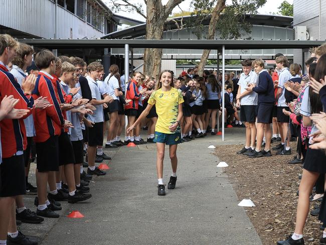 Covell’s fellow students welcomed her back from the Olympics with a walk-through. Picture: Ann-Louise Hovey