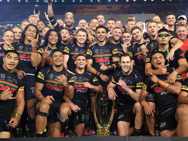 The Panthers celebrate winning the 2021 NRL Grand Final between the Penrith Panthers and Souths Sydney Rabbitohs at Suncorp Stadium in Brisbane. Pics Adam Head