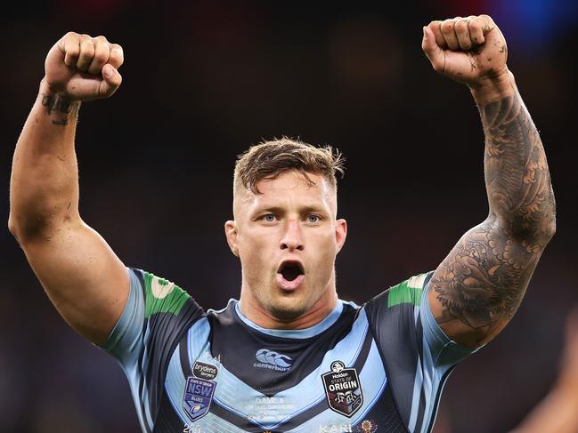 PERTH, AUSTRALIA - JUNE 23: Tariq Sims of the Blues celebrates victory during game two of the 2019 State of Origin series between the New South Wales Blues and the Queensland Maroons at Optus Stadium on June 23, 2019 in Perth, Australia. (Photo by Mark Kolbe/Getty Images)