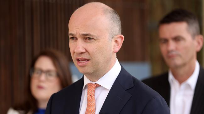 Treasurer Matt Kean pictured tells a press conference in Eastwood that he now supports the raising of the dam wall. Picture: Damian Shaw