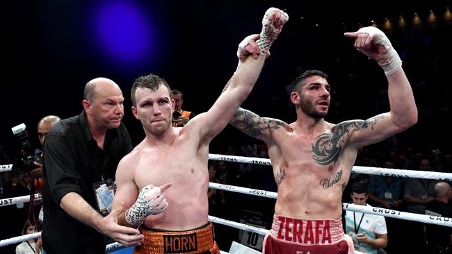 Jeff Horn is congratulated by Michael Zerafa at Brisbane Convention Centre on Wednesday night. Picture: Getty Images