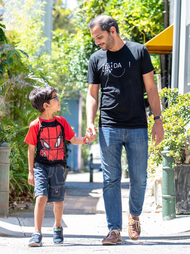 Box Hill dad Umer Sarfraz and his six-year-old son Noah love walking to school together. Picture: Thomas Lisson