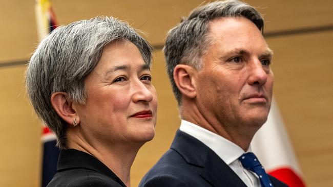 Australia's Foreign Minister Penny Wong and Defence Minister Richard Marles during a visit to the Japanese prime minister's officeon Friday. Picture: Philip Fong/Pool/AFP