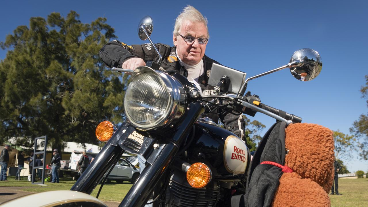 Greg Simpson with his Royal Enfield on the Huggie Bear Memorial Toowoomba Blanket Run organised by Downs Motorcycle Sporting Club. Picture: Kevin Farmer