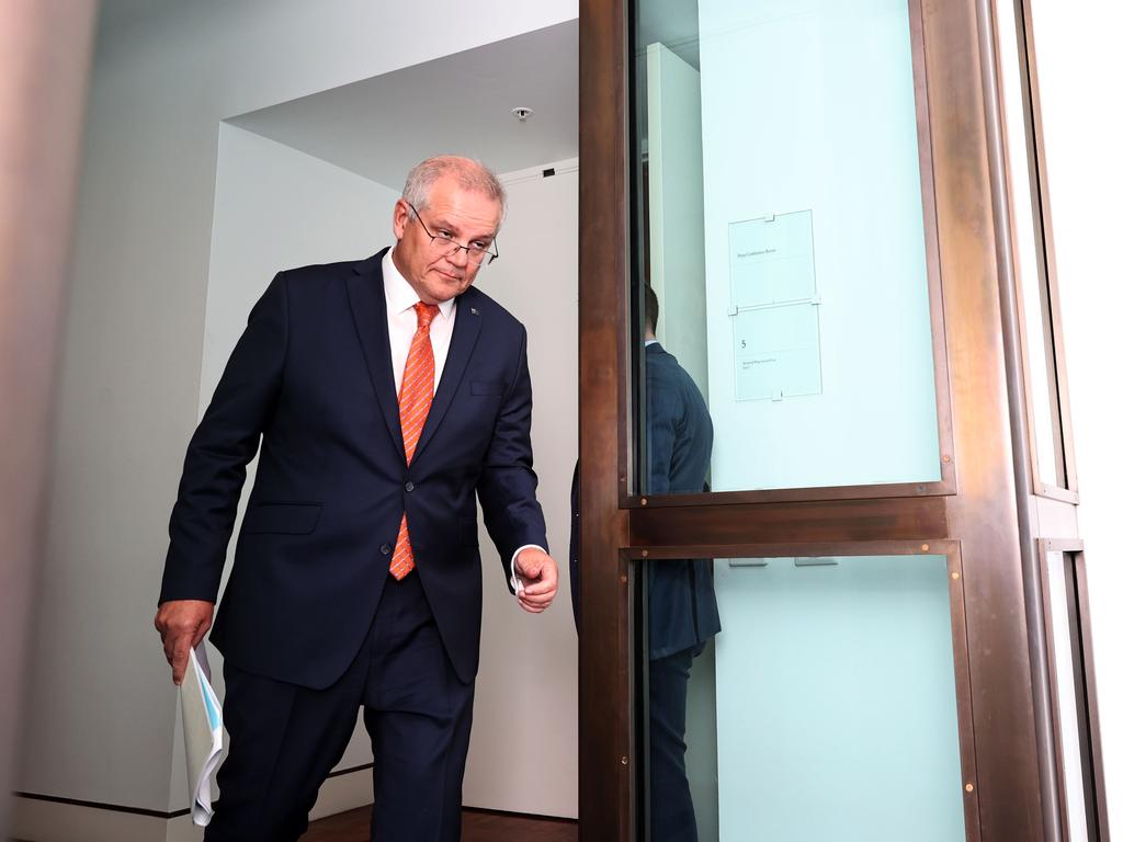 Prime Minister Scott Morrison after a late press conference at Parliament House in Canberra. Picture: Gary Ramage