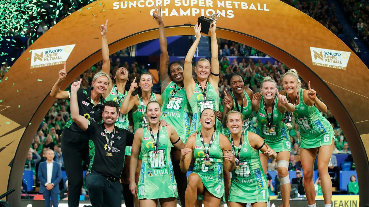 PERTH, AUSTRALIA - JULY 03: West Coast Fever players Celebrate the win during the Super Netball Grand Final match between West Coast Fever and Melbourne Vixens at RAC Arena, on July 03, 2022, in Perth, Australia. (Photo by James Worsfold/Getty Images)