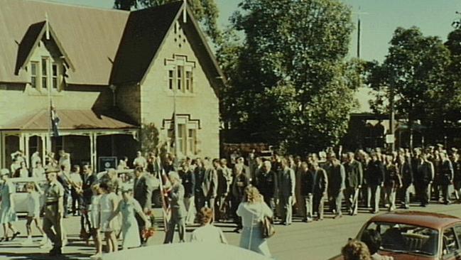 An ANZAC Day march outside the Macaria building in 1984.