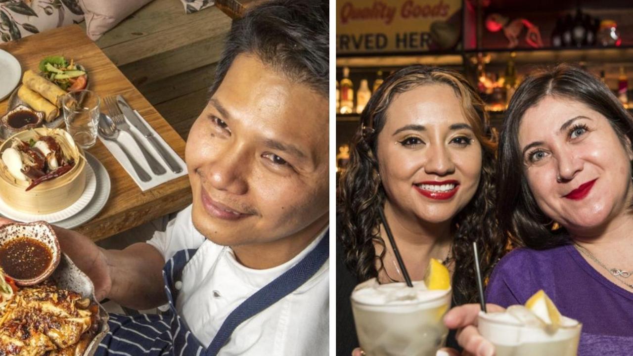 Chef Raphael John De Paula with his food from the newly established Karan-An restaurant, and Elizabeth Anderson (left) and Araceli Castillo enjoy their pisco sour cocktails at Bodega.