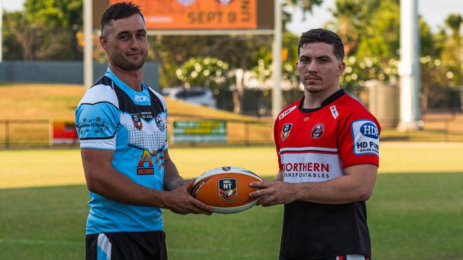 Northern Sharks captain Mitch Burke and Litchfield Bears captain Trent Wedding ahead of the 2023 NRL NT grand final. Picture: Pema Tamang Pakhrin