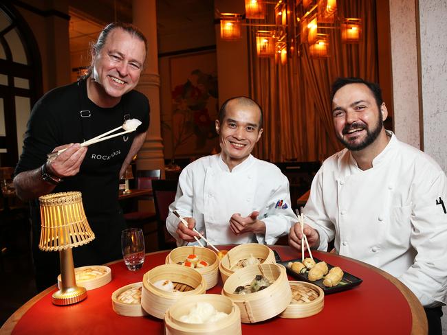 Owner of Jade Temple Restaurant, Neil Perry, with dumpling master Moon Cheung Ng and head chef Peter Robertson. Picture: Tim Hunter