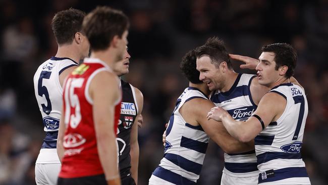 Patrick Dangerfield celebrates his goal when the Cats were flying high. Picture: Darrian Traynor/Getty Images