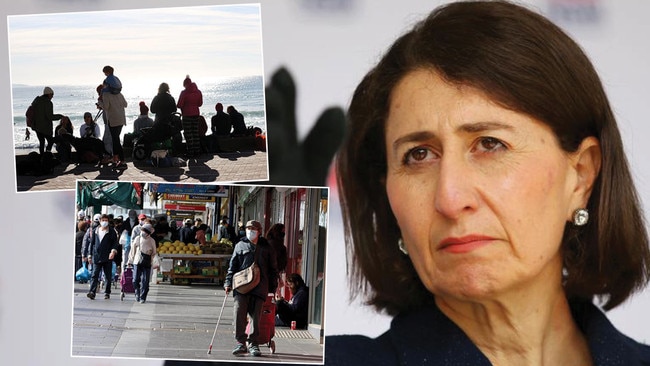 Tale of two suburbs, one city: Scenes in Manly, top left, and Bankstown, bottom left, on Thursday, as NSW Premier Gladys Berejiklian begged people to stay home unless absolutely necessary, and ‘redefine’ family visits. Pictures: NewsCorp