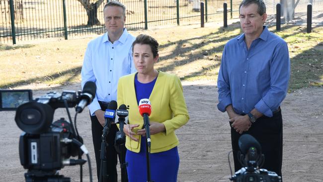 Opposition Leader Lia Finocchiaro announcing the CLP’s water policy with candidate Gerard Maley and candidate for Blain Matthew Kerle.