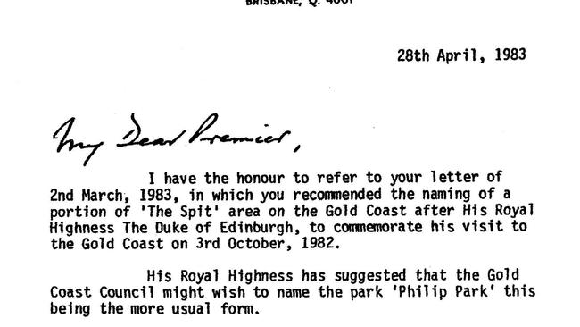 A letter from Queensland Governor James Ramsay to Premier Sir Joh Bjelke-Petersen regarding the naming of Philip Park on the Gold Coast after Prince Philip, Duke of Edinburgh. Picture: Lyn Wright.