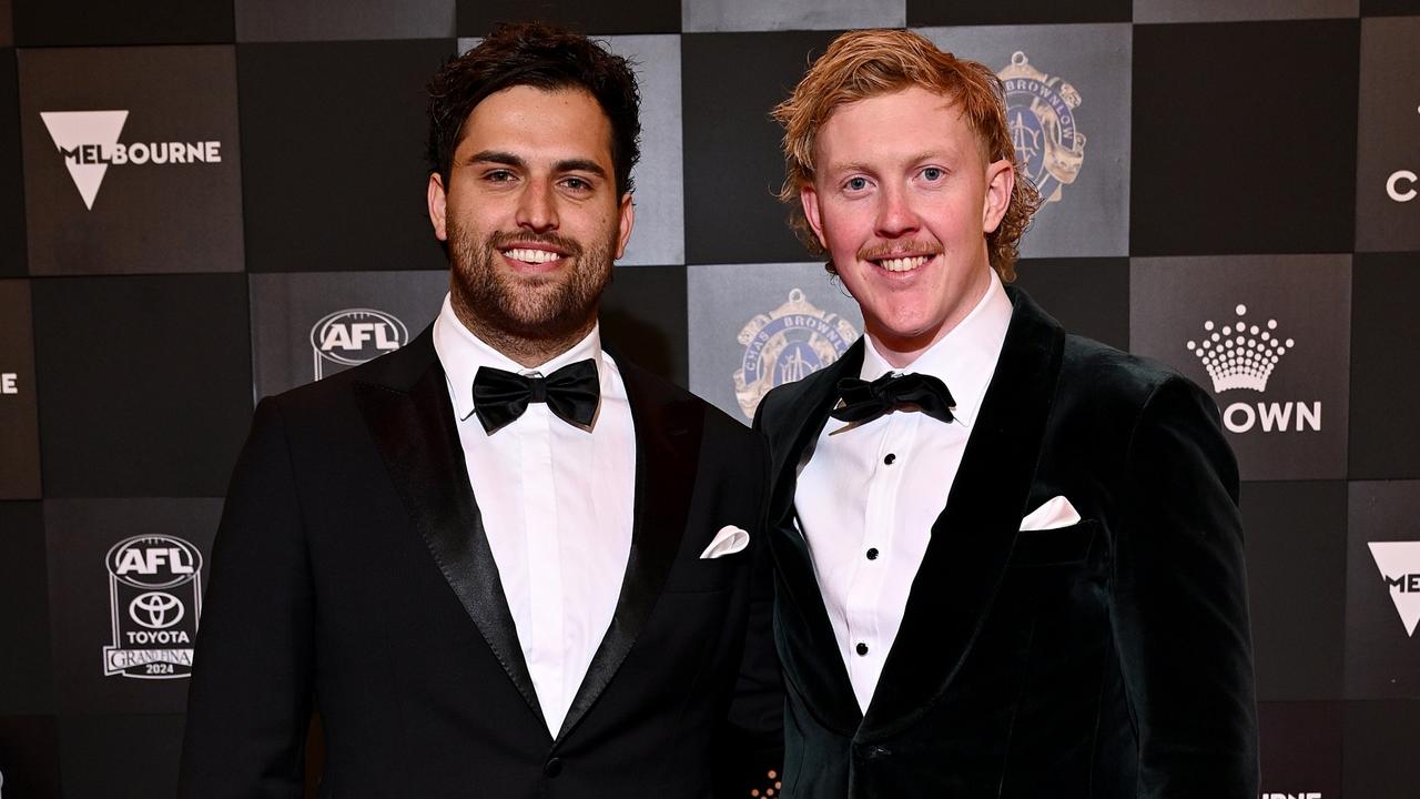 Clayton Oliver and friend Jayk Papoulis at the 2024 Brownlow Medal. (Photo by Quinn Rooney/Getty Images)