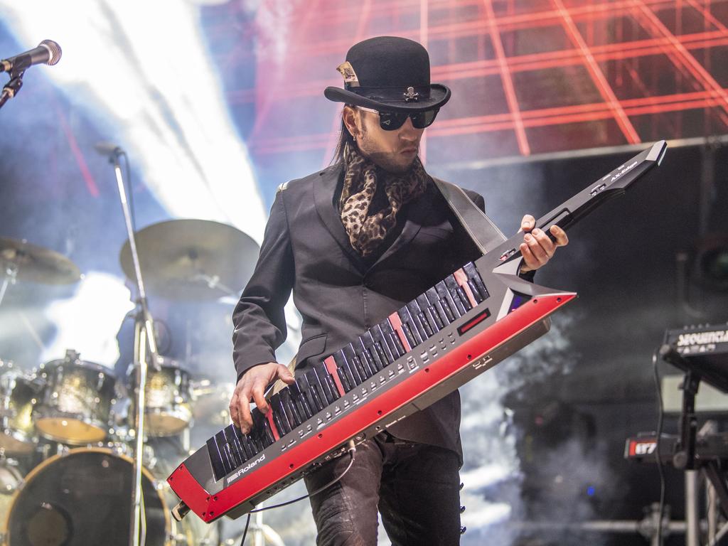 Matty Ray from Pseudo Echo plays keytar at the Toowoomba Carnival of Flowers Festival of Food and Wine. Saturday, September 10, 2022. Picture: Nev Madsen.