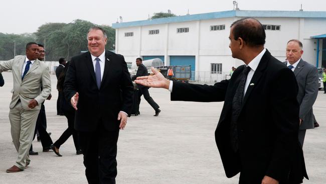 US Secretary of State Mike Pompeo boards his plane in New Delhi on June 27, 2019, en route to Osaka for the G20 Summit. (Photo by Jacquelyn Martin / POOL / AFP)