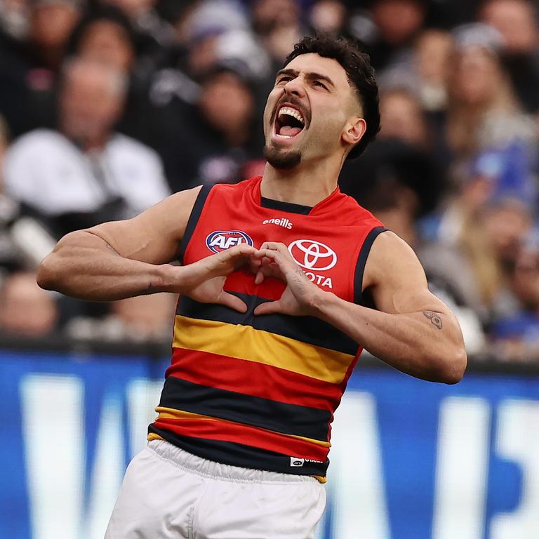 Isak Rankin of the Crows celebrates after kicking a third quarter goal. Picture: Michael Klein