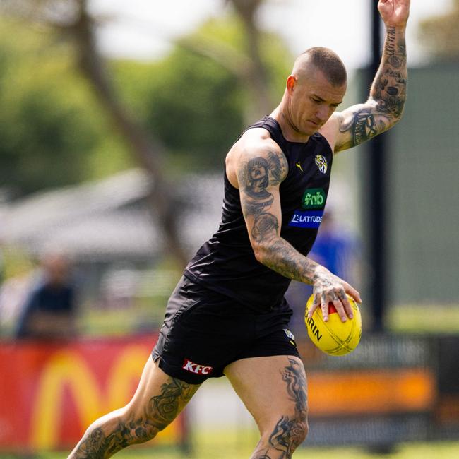 Dustin Martin training at Wonthaggi Recreation Reserve before he copped a knock to his chin on Wednesday during the Tigers’ pre-season camp. Picture: Richmond FC