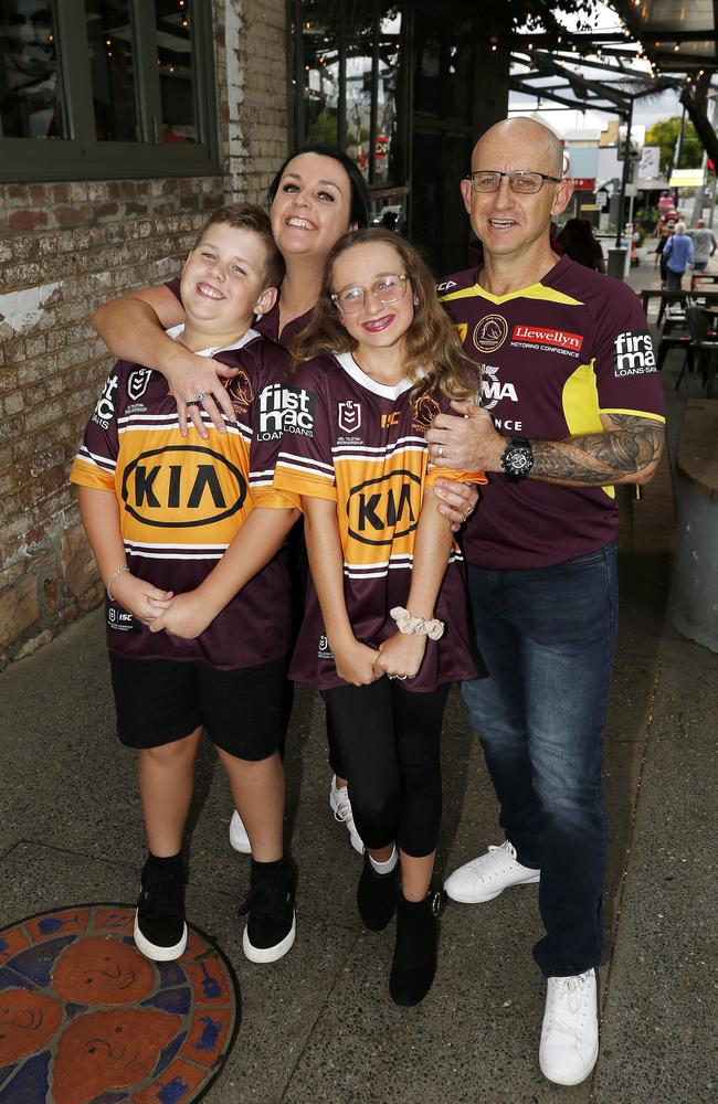 Jaxon Whalley, 9, Amba Whalley, Eden Whalley, 13, and Troy Whalley pictured at the Broncos v Rabbitohs, round 1, on Caxton Street, Brisbane 11th of March 2022. This is the first game for the BroncosÃ• season.