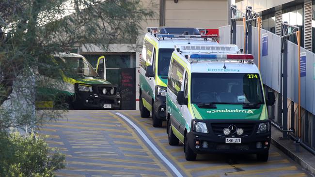 Ambulances ramped at the Flinders Medical Centre in April 2022. Picture: Kelly Barnes