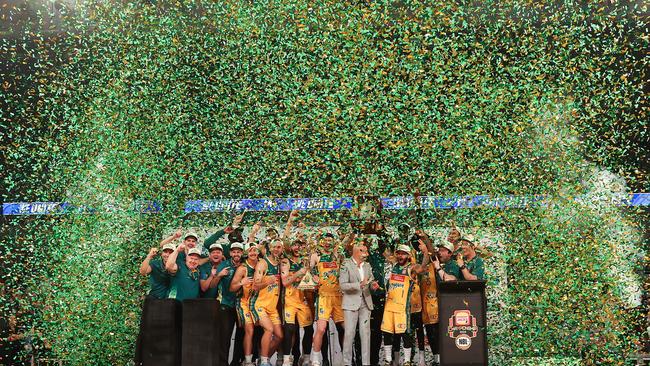 MELBOURNE, AUSTRALIA – MARCH 31: JackJumpers celebrate with the trophy during game five of the NBL Championship Grand Final Series between Melbourne United and Tasmania JackJumpers at John Cain Arena, on March 31, 2024, in Melbourne, Australia. (Photo by Kelly Defina/Getty Images)