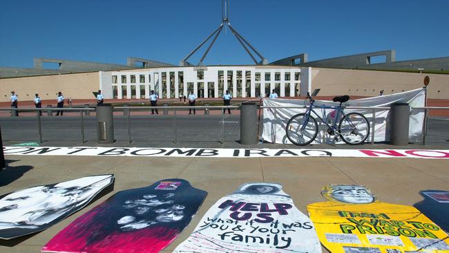 An anti–Iraq War protest in front of Australian Parliament House in March, 2003.