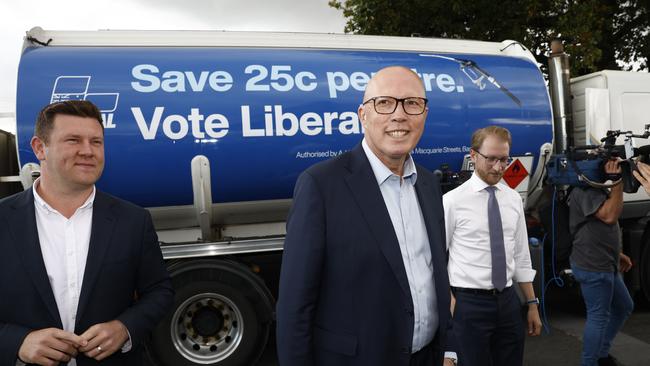 Peter Dutton visits a petrol station – one of at least 15 during the campaign. Picture: Richard Dobson / NewsWire