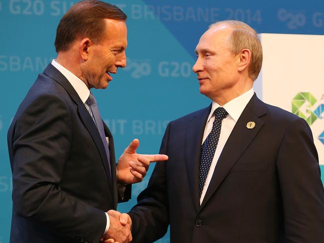 Did the presence of a nuclear-armed Russian fleet off the coast of Queensland in 2014 tame then Australian Prime Minister Tony Abbott? He had promised to ‘shirt-front’ Russian President Vladimir Putin at the annual G20 Summit over the shooting down of flight MH17. Picture: Chris Hyde/Getty