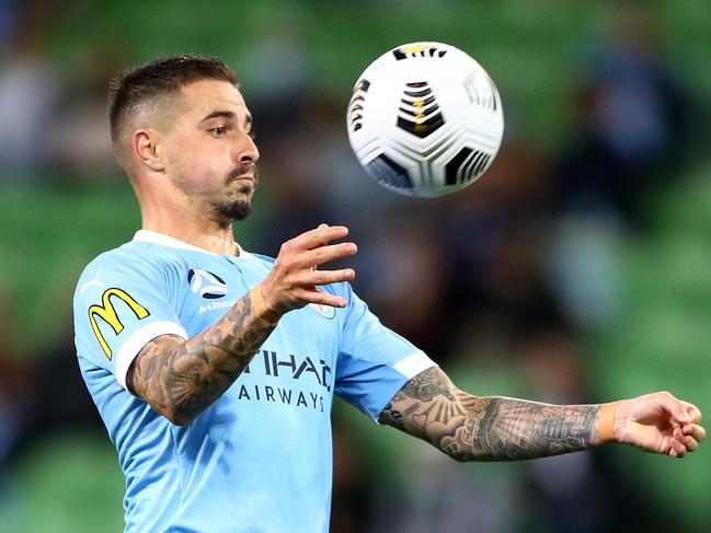 MELBOURNE, AUSTRALIA - FEBRUARY 23: Jamie Maclaren of Melbourne City controls the ball during the A-League match between Melbourne City and Sydney FC at AAMI Park, on February 23, 2021, in Melbourne, Australia. (Photo by Robert Cianflone/Getty Images)