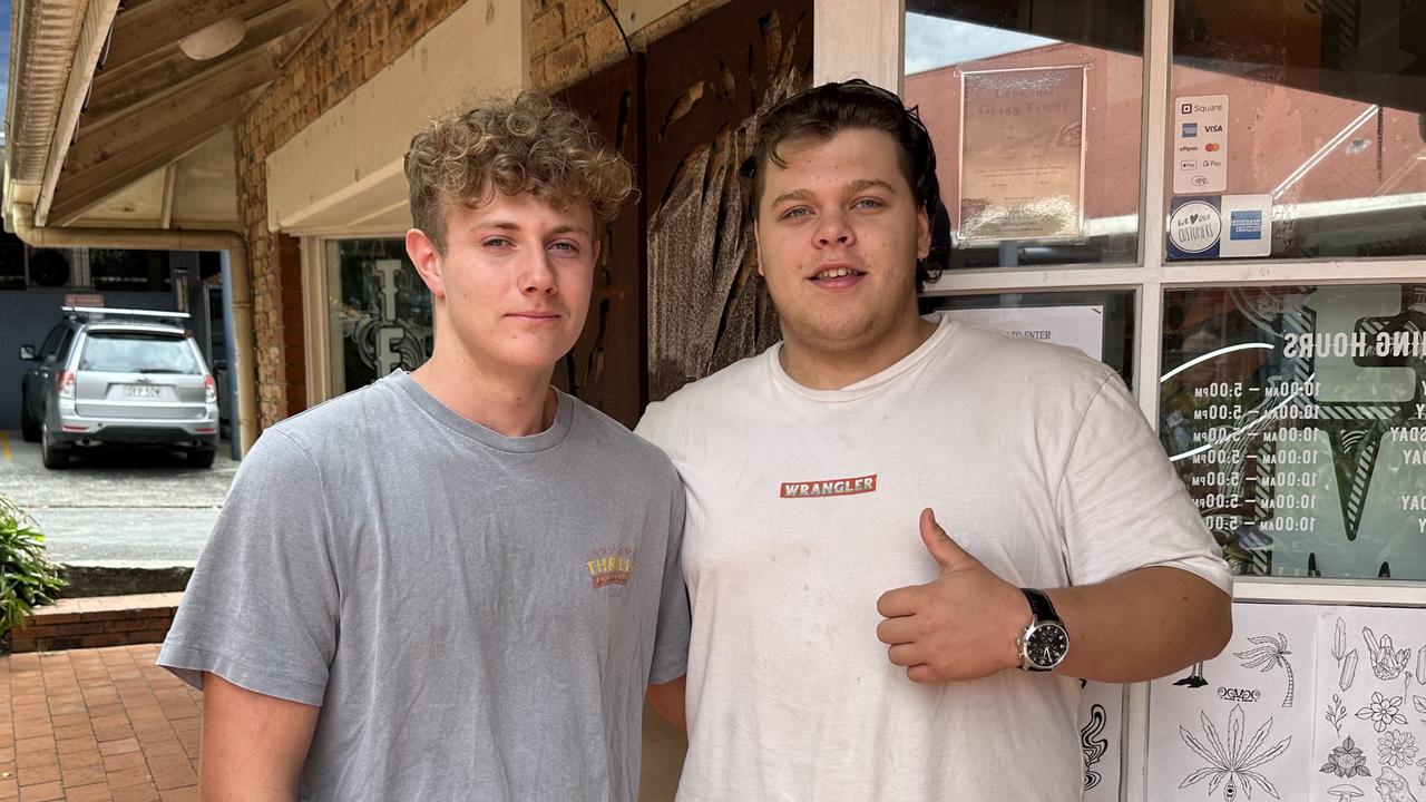 AJ Whitnall and Gus Ashworth getting tattoos at Byron Bay Schoolies. Picture: Savannah Pocock