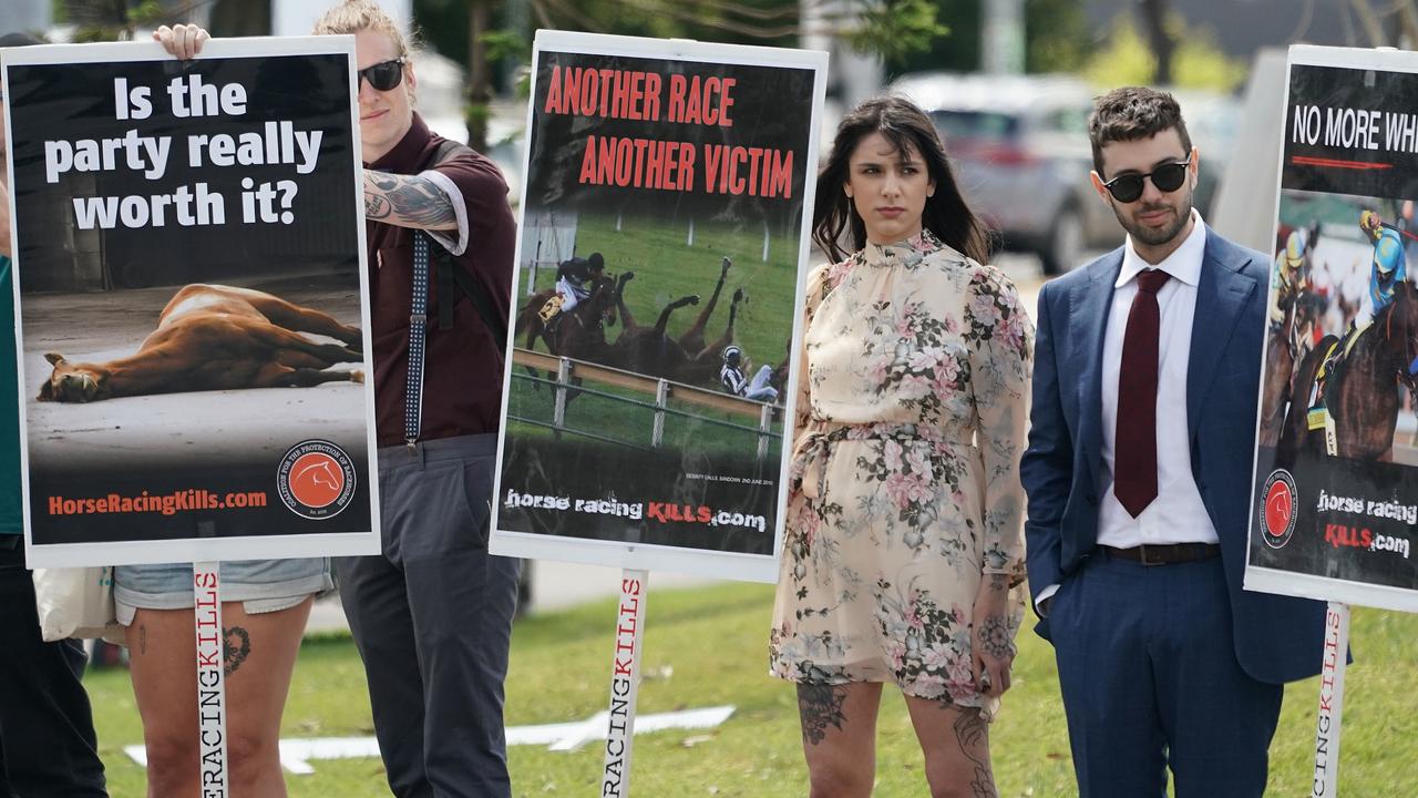 Animal rights and pro-Palestine activists protested Melbourne Cup day, forcing attendees like Brooke Warne to divert to get to the venue. Picture: Scott Barbour / AAP