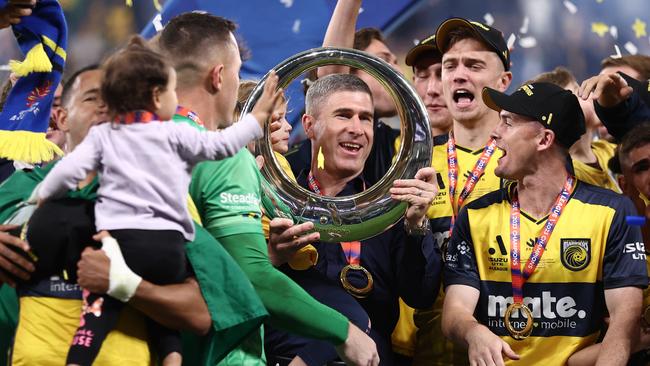 SYDNEY, AUSTRALIA - JUNE 03: Mariners Head Coach Nick Montgomery celebrates winning the 2023 A-League Men's Grand Final match between Melbourne City and Central Coast Mariners at CommBank Stadium on June 03, 2023 in Sydney, Australia. (Photo by Matt King/Getty Images)