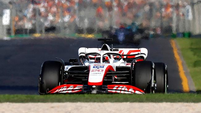 Haas' Danish driver Kevin Magnussen drives during the 2022 Formula One Australian Grand Prix at the Albert Park Circuit in Melbourne on April 10, 2022. (Photo by Con Chronis / AFP)