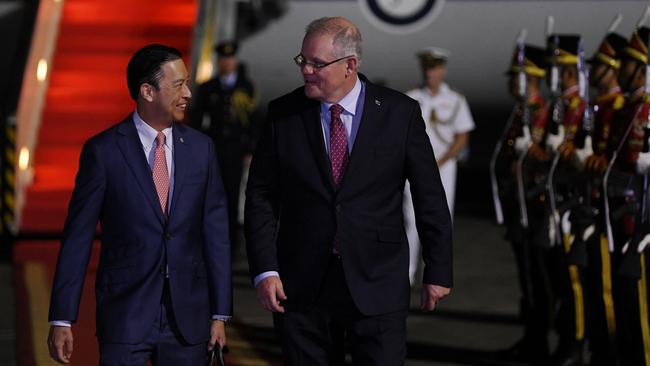 Tom Lembong greets then-Australian prime minister Scott Morrison in Jakarta during a visit in 2018. Picture: AAP