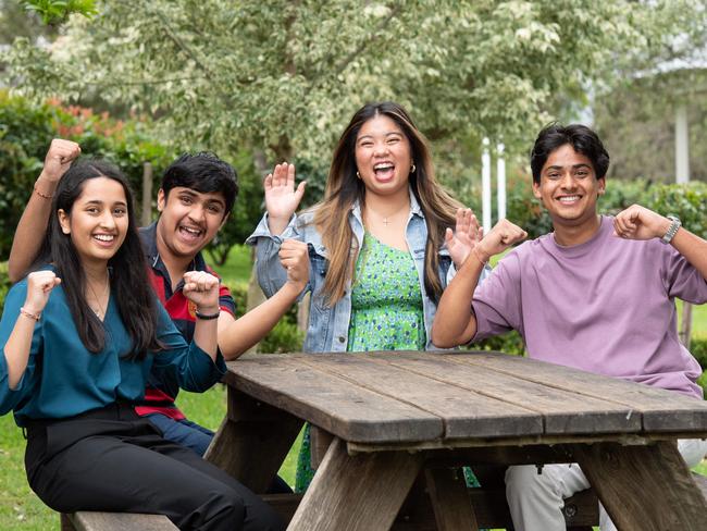 Jiya Barot (ATAR 99.70), Satvik Warrier (ATAR 99.65), Cassidy Lauguico (ATAR: 97.45) and Dhruvil Patel (ATAR 96) from Penrith Selective High School. Picture: Monique Harmer