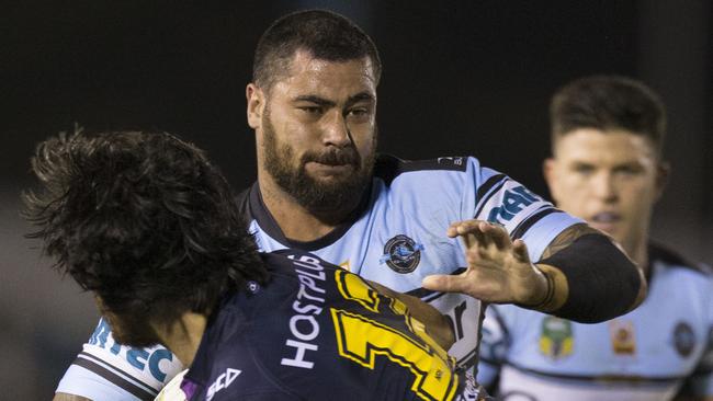 Andrew Fifita of the Sharks makes a runs.