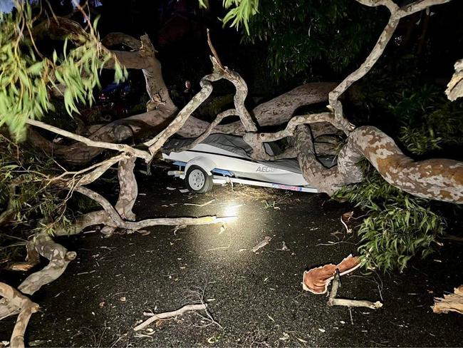 A tree fell, crushing a motorboat and trailer, at Terrey Hills during March’s heavy rain event. Picture: SES Warringah/Pittwater