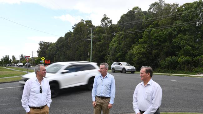 Member for Clarence Chris Gulaptis, Member for Page Kevin Hogan and Mayor Jim Simmons stand at the Shores Drive intersection where a new roundabout will be built from a grant entirely funded by state and federal government.