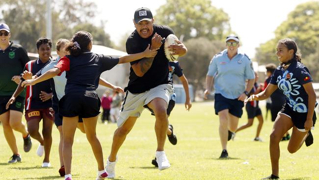 NRL star Latrell Mitchell played touch footy with kids in Kempsey in September at the launch of the NSW Police and PCYC launch of the Fight for Success program. Picture: Sam Ruttyn