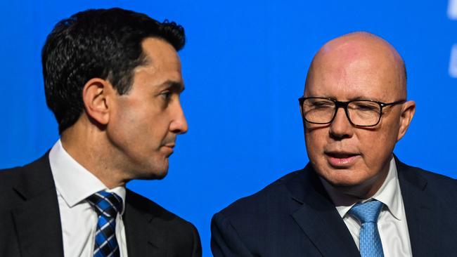 BRISBANE, AUSTRALIA - NewsWire Photos - JULY 6, 2024.Federal Opposition Leader Peter Dutton (right) and Queensland Opposition Leader David Crisafulli during the LNP Convention in Brisbane. Picture: Dan Peled / NewsWire