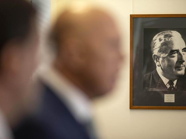 CANBERRA, AUSTRALIA - NewsWire Photos SEPTEMBER 28, 2022: A portrait of Sir Robert Menzies on the wall where the Leader of the Opposition Peter Dutton and the Shadow Attorney-General Julian spoke to the media in the Opposition Party Room, in Parliament House in Canberra. Picture: NCA NewsWire / Gary Ramage