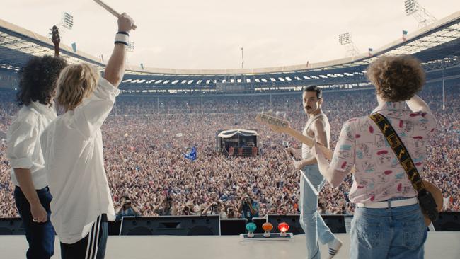 Gwilym Lee (as Brian May), Ben Hardy (as Roger Taylor), Rami Malek (as Freddie Mercury) and Joe Mazzello (as John Deacon) in a scene from Bohemian Rhapsody. Picture: Twentieth Century Fox