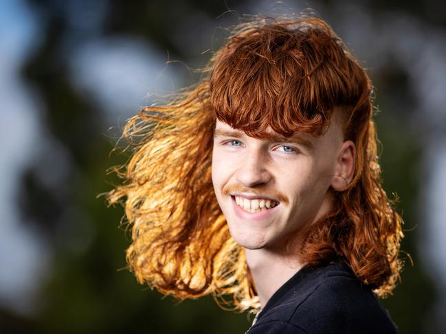 MELBOURNE, MARCH 18, 2022: Victorian Mullet Competition Winner Reece Mcgrath, 15. Picture: Mark Stewart