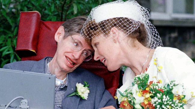 Professor Stephen Hawking with second wife Elaine Mason after their marriage ceremony in Cambridge in 1995. Picture: AP